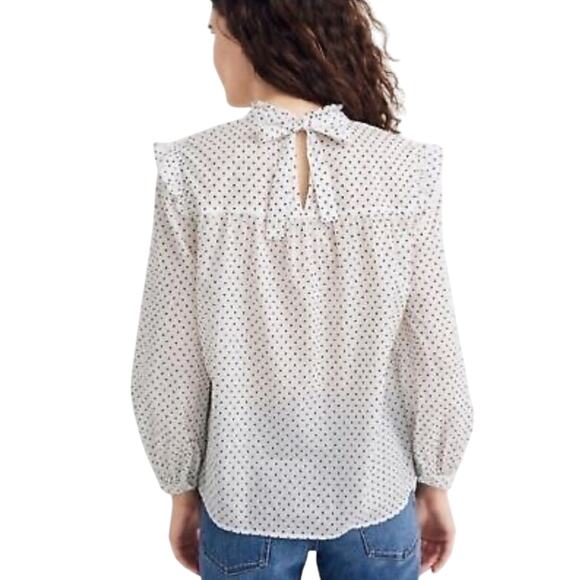 MADEWELL Women’s White Polka Dot Ruffle Neck Bow Tie Long sleeve Top - Picture 2 of 6